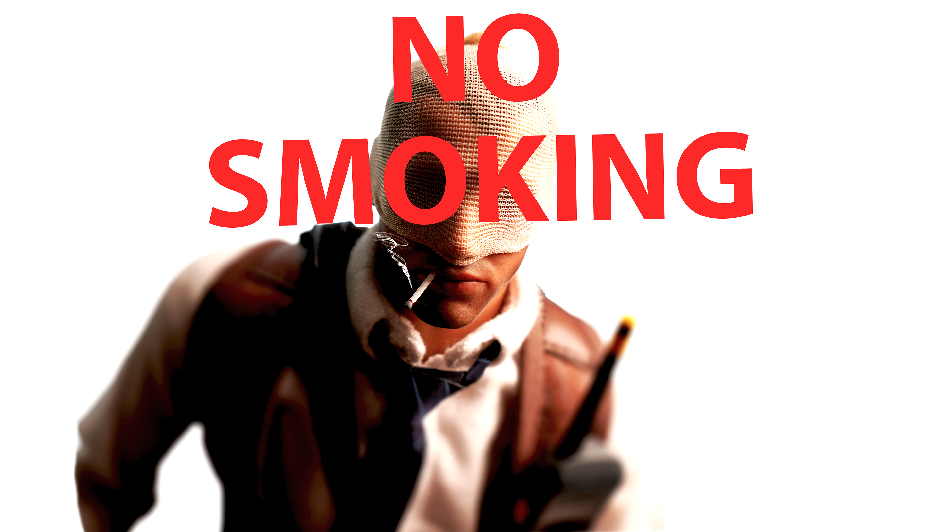 Agent number K figurine with text no smoking in front of his face while smoking a cigarette. White background.